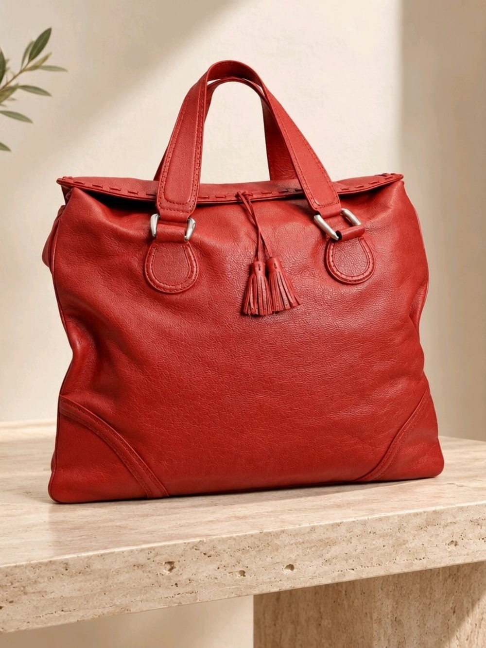 Vintage DKNY Cherry Red Slouchy Pebbled Leather Tassel Tote Bag